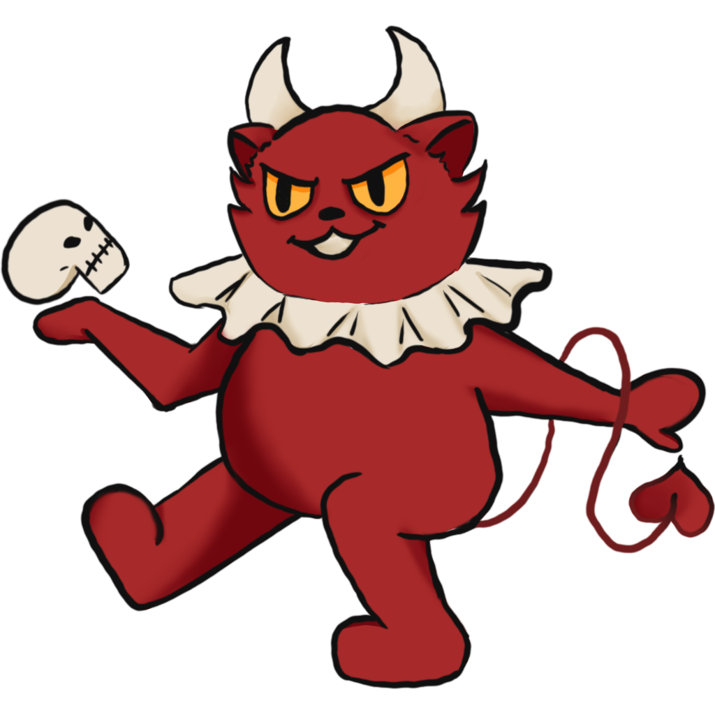 Image of Shakes, a fat red imp with a mischievous smile and a heart shaped tail. He wears a Shakespearean frilled collar and is holding a skull. 